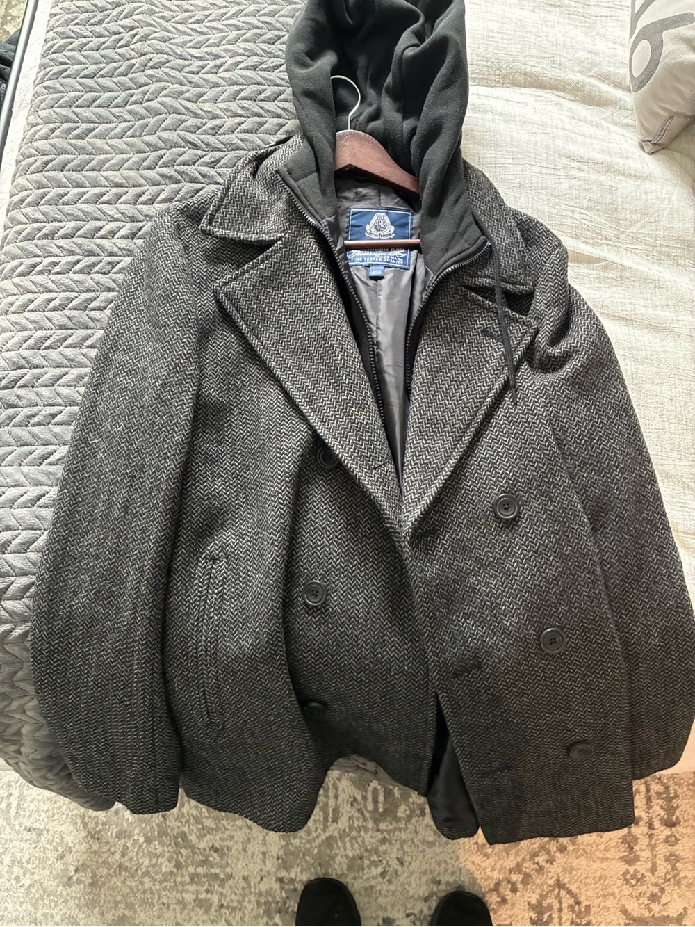 American Rag Charcoal Herringbone Pea Coat with Black Hooded Liner